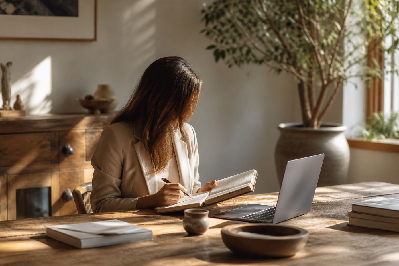 Focused professional work at a sunlit wooden desk