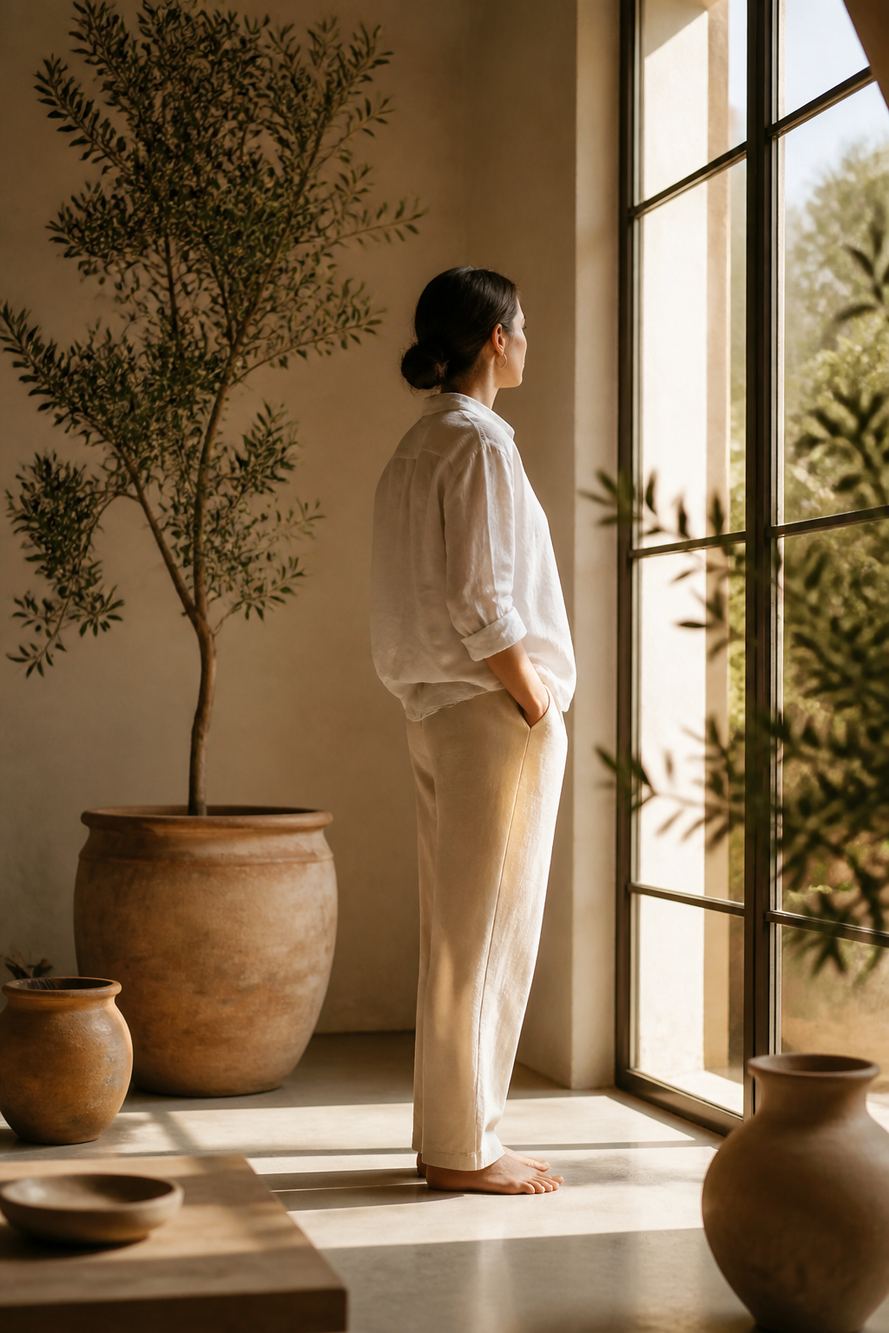 A quiet moment of composure by a studio window