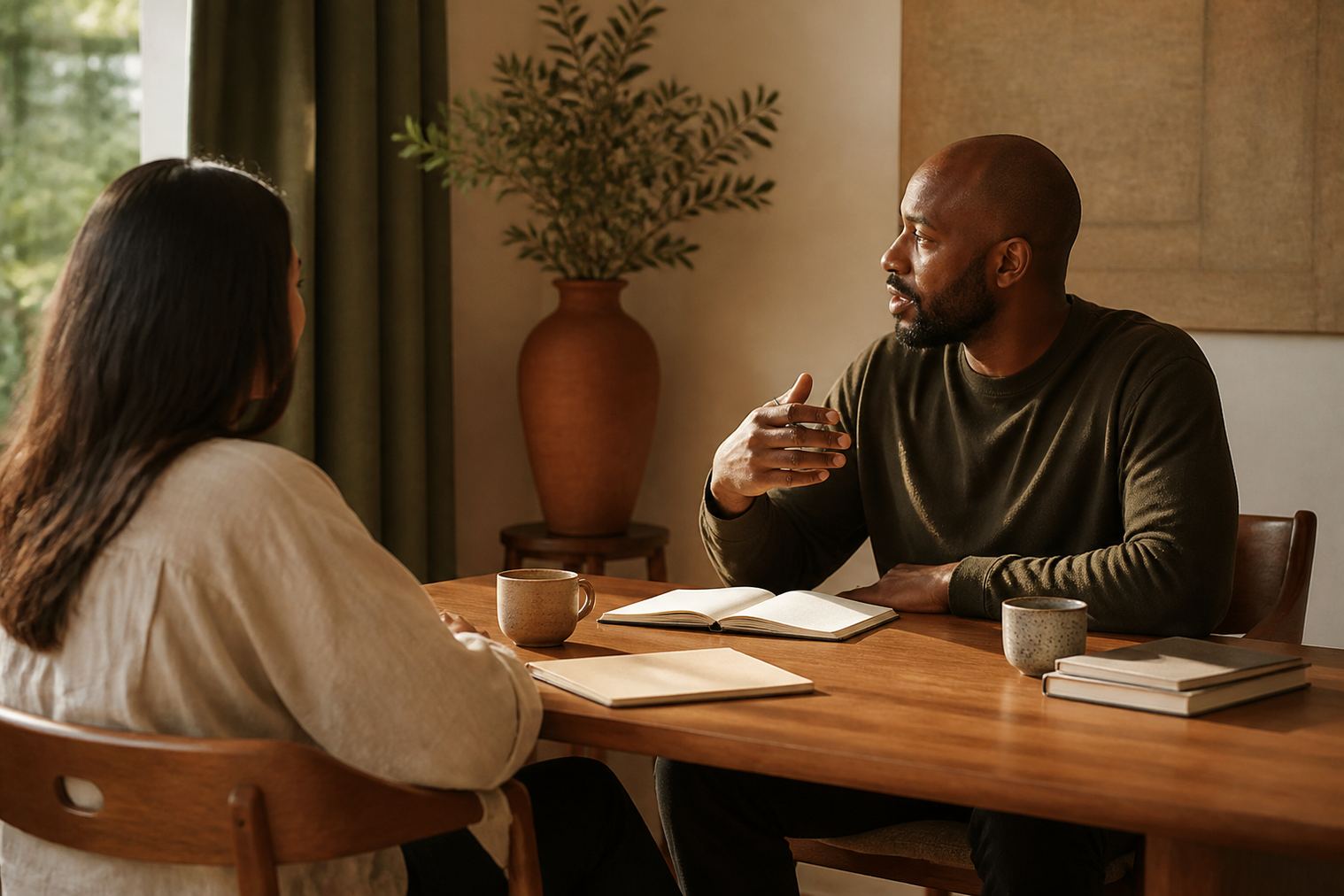 A calm coaching conversation in a sunlit practice room